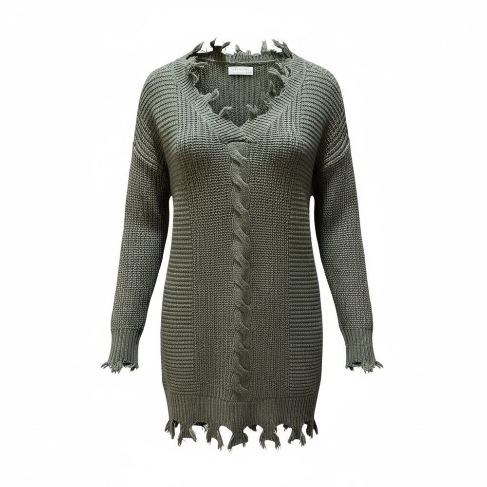 Full Circle Threads Distressed Olive‎ Green Long Sleeve Sweater Dress Size M